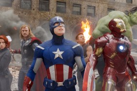 Black Widow, Thor, Captain America, Hawkeye, Iron Man, and Hulk assemble in New York City to stop Loki and his army in Marvel's The Avengers (2012).