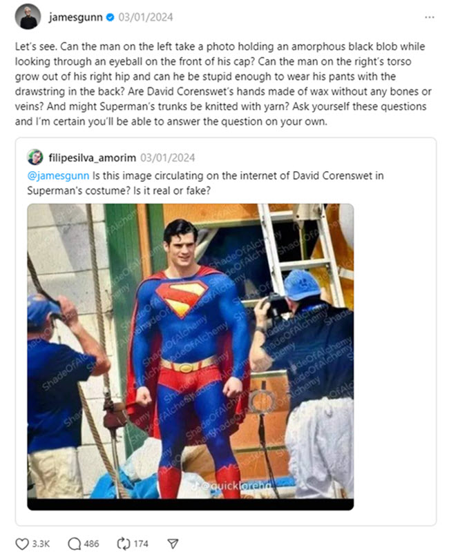 James Gunn TComment on Threads on Fake AI Superman Picture