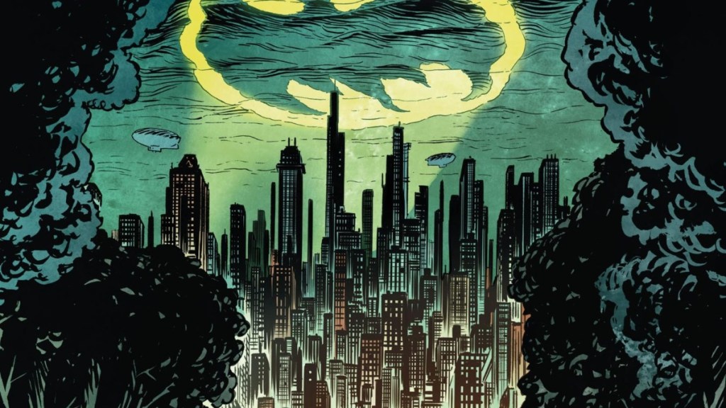 Batman Dark Patterns 1 Bat-signal over Gotham